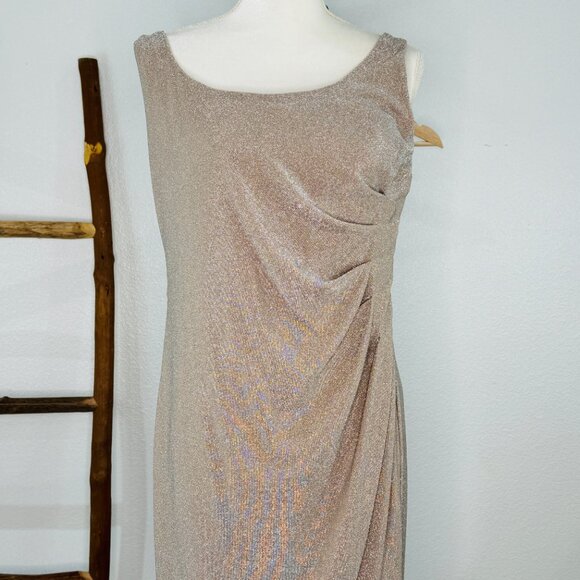 ADRIANNA PAPELL Gold Maxi Glitter Knit Lined Formal Gown Women SZ 14 Champagne - Picture 2 of 15